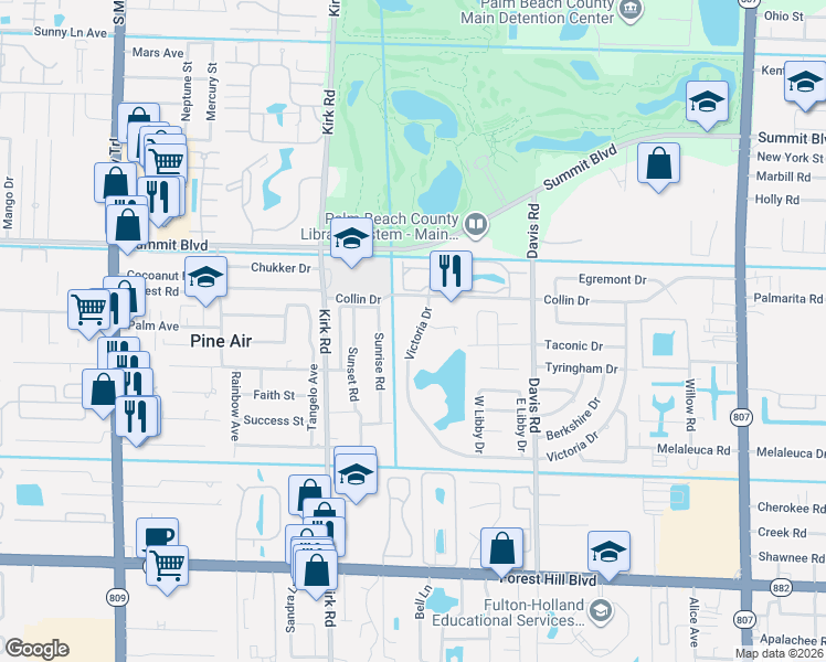 map of restaurants, bars, coffee shops, grocery stores, and more near 3880 Victoria Drive in West Palm Beach