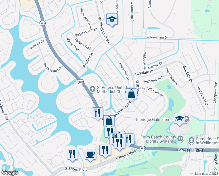 map of restaurants, bars, coffee shops, grocery stores, and more near 1268 Waterway Cove Drive in Wellington