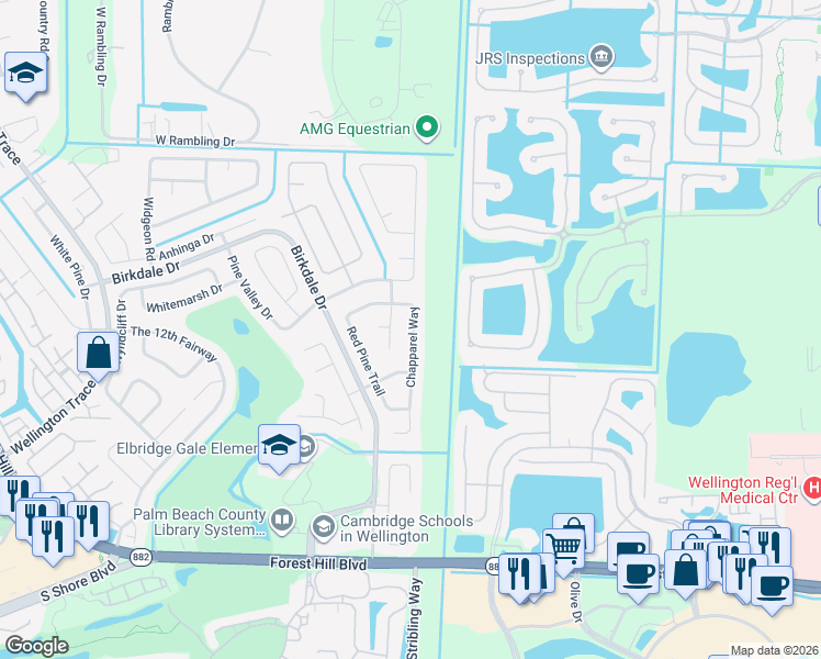 map of restaurants, bars, coffee shops, grocery stores, and more near 1414 Spanish Oak Way in Wellington