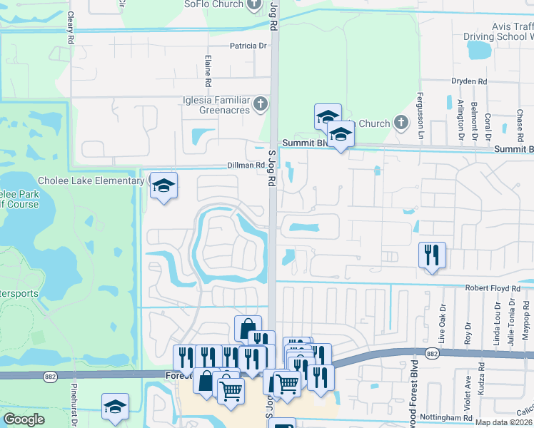 map of restaurants, bars, coffee shops, grocery stores, and more near 2804 Maplewood Drive in Greenacres