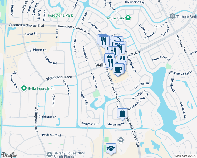 map of restaurants, bars, coffee shops, grocery stores, and more near 1519 Hawthorne Place in Wellington