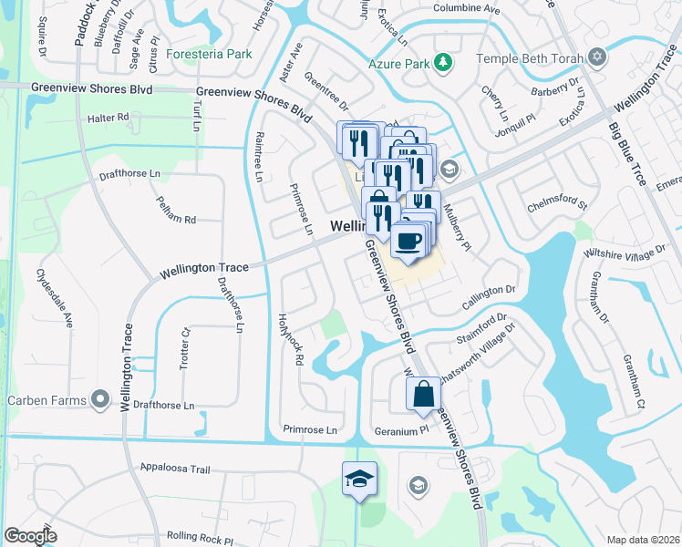 map of restaurants, bars, coffee shops, grocery stores, and more near 1519 Hawthorne Place in Wellington