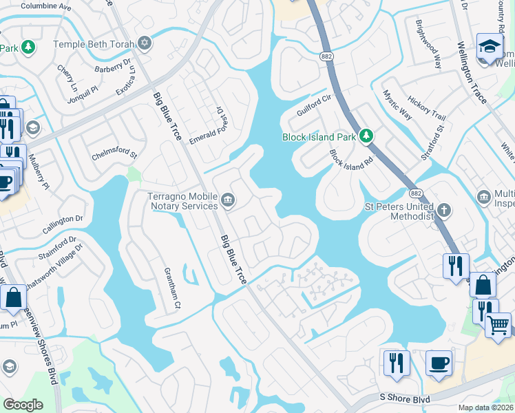 map of restaurants, bars, coffee shops, grocery stores, and more near 12761 Meadowbreeze Drive in Wellington