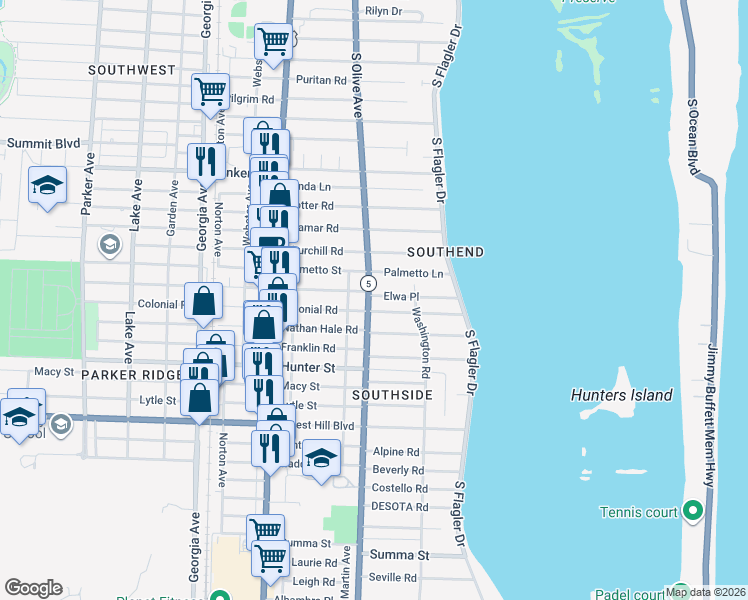 map of restaurants, bars, coffee shops, grocery stores, and more near 301 Colonial Road in West Palm Beach