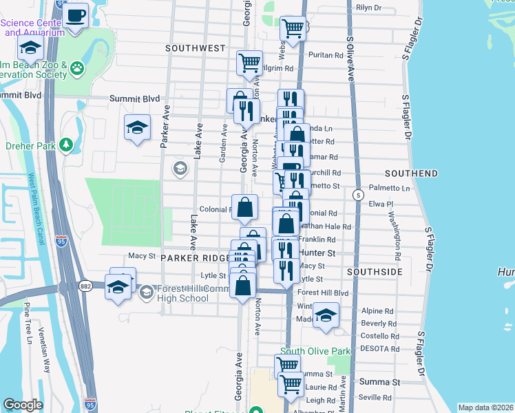 map of restaurants, bars, coffee shops, grocery stores, and more near 522 Colonial Road in West Palm Beach