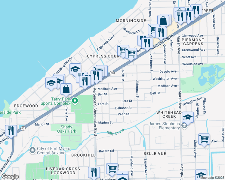 map of restaurants, bars, coffee shops, grocery stores, and more near 3720 Madison Avenue in Fort Myers