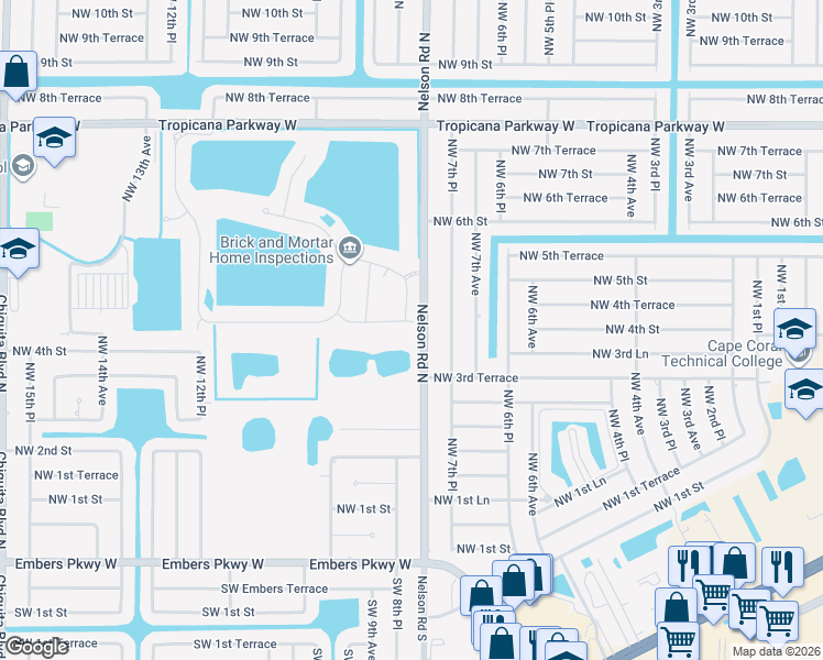 map of restaurants, bars, coffee shops, grocery stores, and more near 335 Nelson Road North in Cape Coral