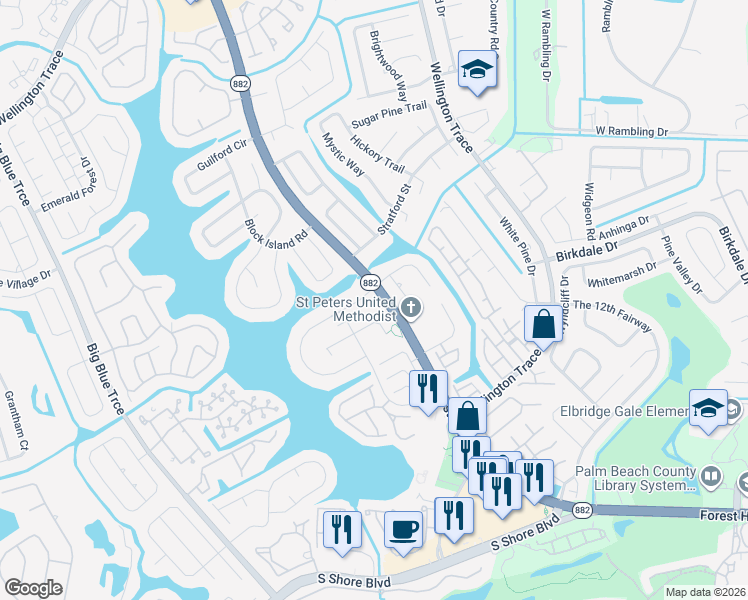 map of restaurants, bars, coffee shops, grocery stores, and more near 12753 Westhampton Circle in Wellington