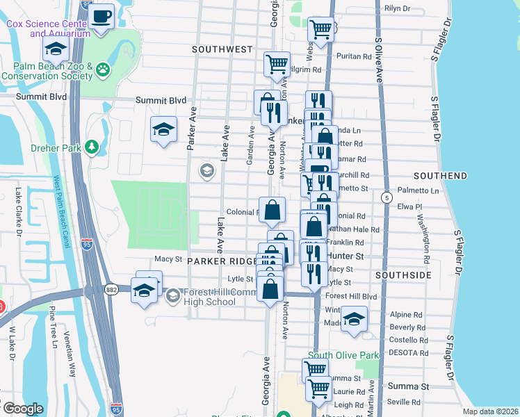 map of restaurants, bars, coffee shops, grocery stores, and more near 625 Colonial Road in West Palm Beach