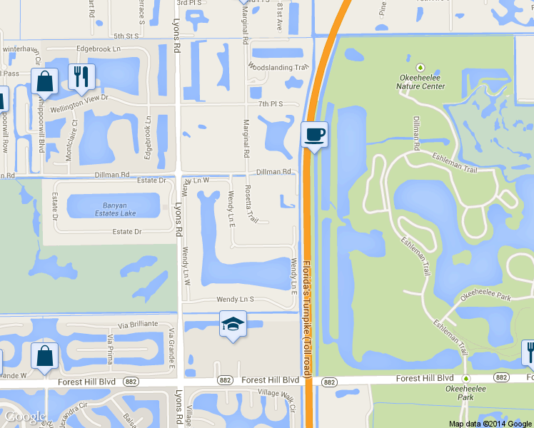 map of restaurants, bars, coffee shops, grocery stores, and more near 1359 Rosetta Trail in West Palm Beach