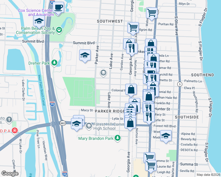 map of restaurants, bars, coffee shops, grocery stores, and more near 814 Colonial Road in West Palm Beach