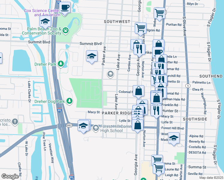 map of restaurants, bars, coffee shops, grocery stores, and more near 814 Colonial Road in West Palm Beach