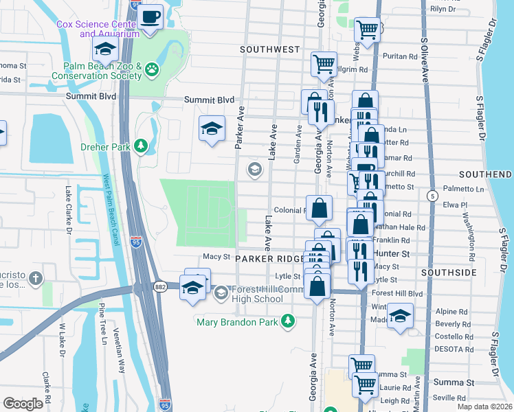 map of restaurants, bars, coffee shops, grocery stores, and more near 814 Colonial Road in West Palm Beach
