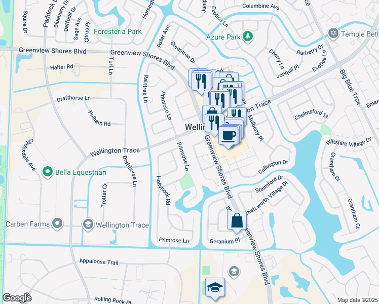 map of restaurants, bars, coffee shops, grocery stores, and more near 1519 Hawthorne Place in Wellington