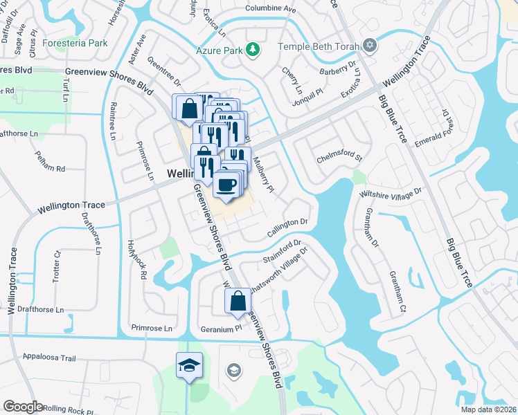 map of restaurants, bars, coffee shops, grocery stores, and more near 1483 Barrymore Court in Wellington