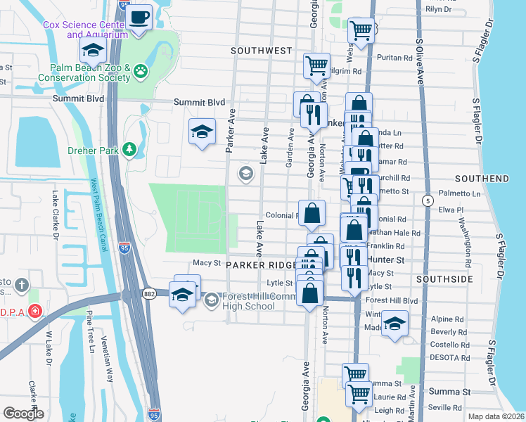map of restaurants, bars, coffee shops, grocery stores, and more near 814 Colonial Road in West Palm Beach