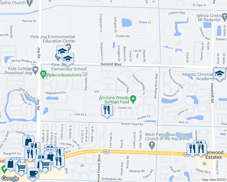map of restaurants, bars, coffee shops, grocery stores, and more near 5795 Thisledown Court in West Palm Beach