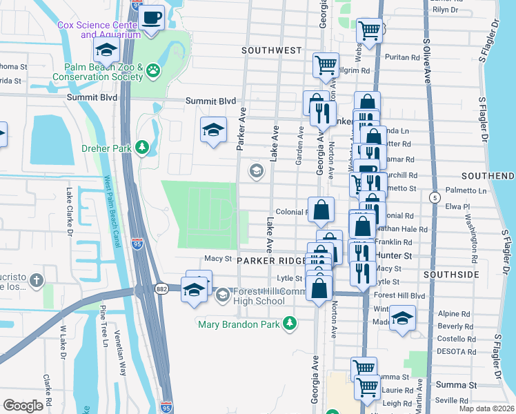 map of restaurants, bars, coffee shops, grocery stores, and more near 814 Colonial Road in West Palm Beach