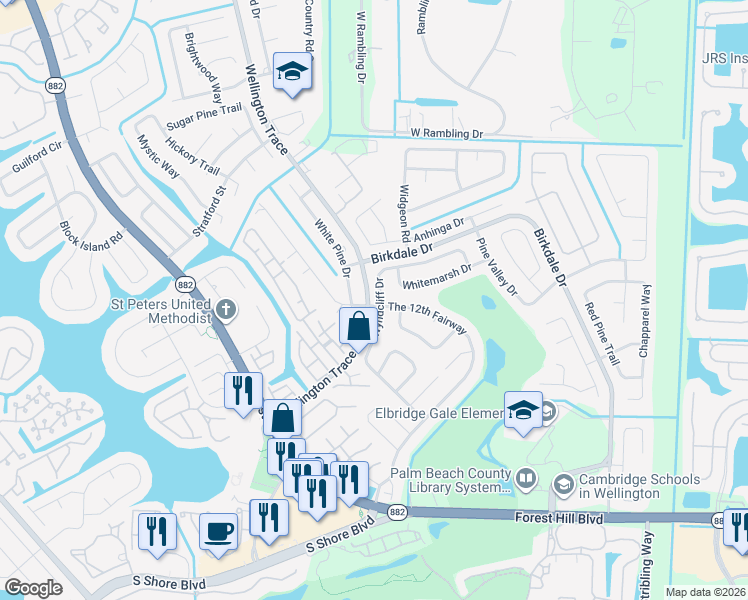 map of restaurants, bars, coffee shops, grocery stores, and more near 1461 Wyndcliff Drive in Wellington