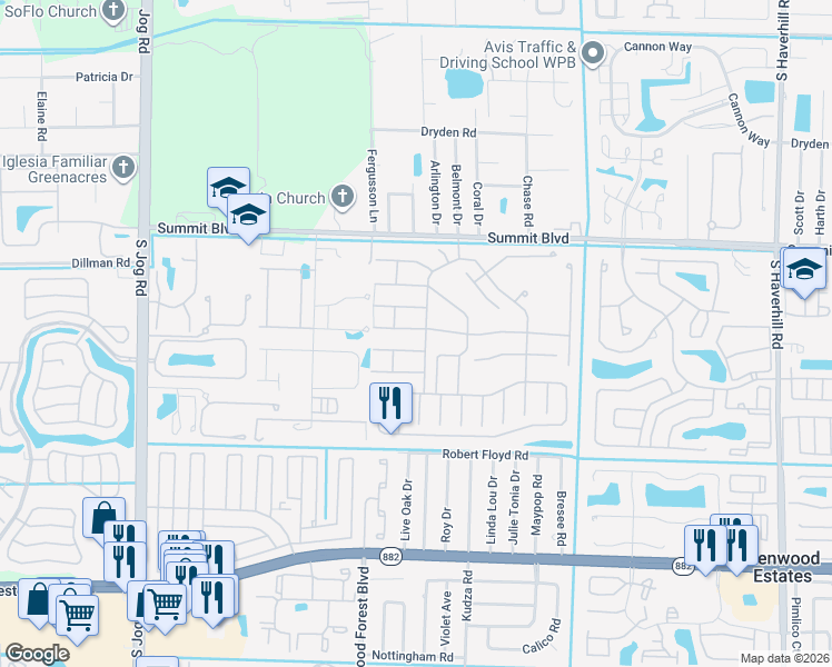 map of restaurants, bars, coffee shops, grocery stores, and more near 5795 Thisledown Court in West Palm Beach