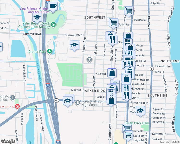map of restaurants, bars, coffee shops, grocery stores, and more near 819 Colonial Road in West Palm Beach
