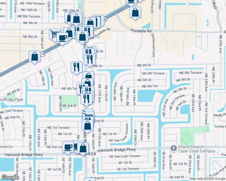 map of restaurants, bars, coffee shops, grocery stores, and more near 326 Northeast 18th Avenue in Cape Coral