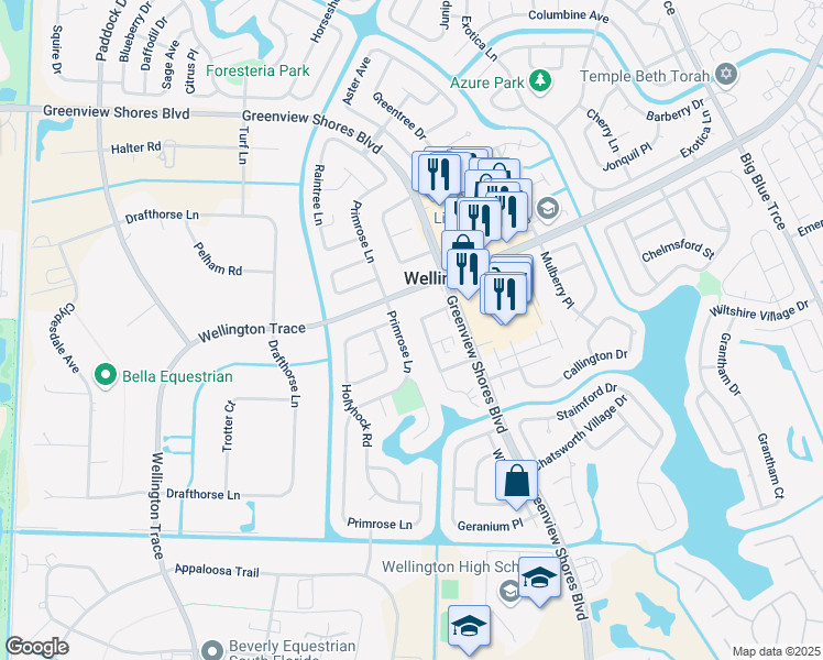 map of restaurants, bars, coffee shops, grocery stores, and more near 1519 Hawthorne Place in Wellington