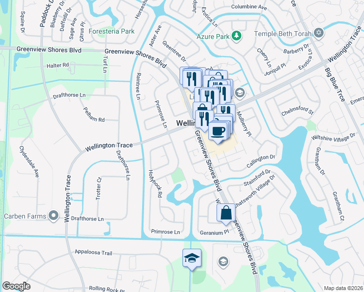 map of restaurants, bars, coffee shops, grocery stores, and more near 1519 Hawthorne Place in Wellington