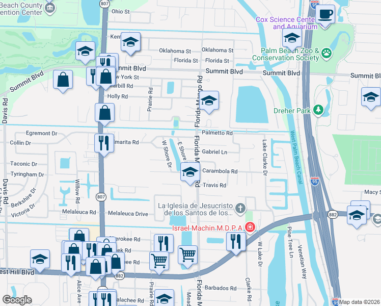 map of restaurants, bars, coffee shops, grocery stores, and more near 2521 Myrica Road in West Palm Beach