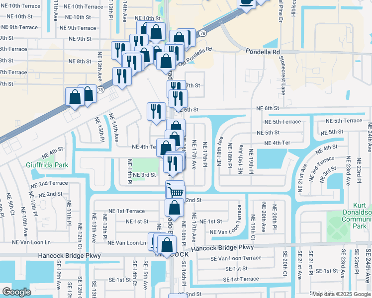 map of restaurants, bars, coffee shops, grocery stores, and more near 333 Northeast 16th Place in Cape Coral