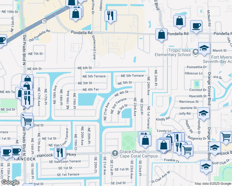 map of restaurants, bars, coffee shops, grocery stores, and more near 2114 Northeast 4th Street in Cape Coral