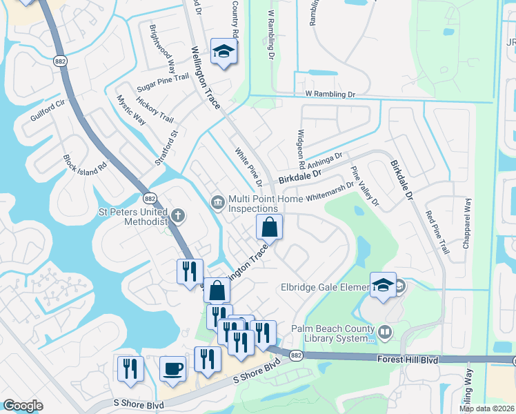 map of restaurants, bars, coffee shops, grocery stores, and more near 1481 White Pine Drive in Wellington