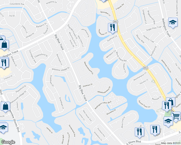 map of restaurants, bars, coffee shops, grocery stores, and more near 12753 Meadowbreeze Drive in Wellington