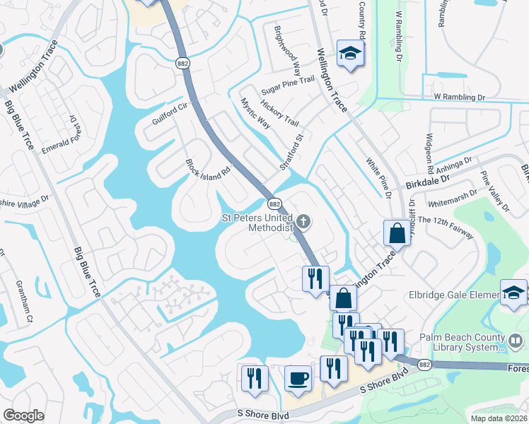 map of restaurants, bars, coffee shops, grocery stores, and more near 12713 Westhampton Circle in Wellington