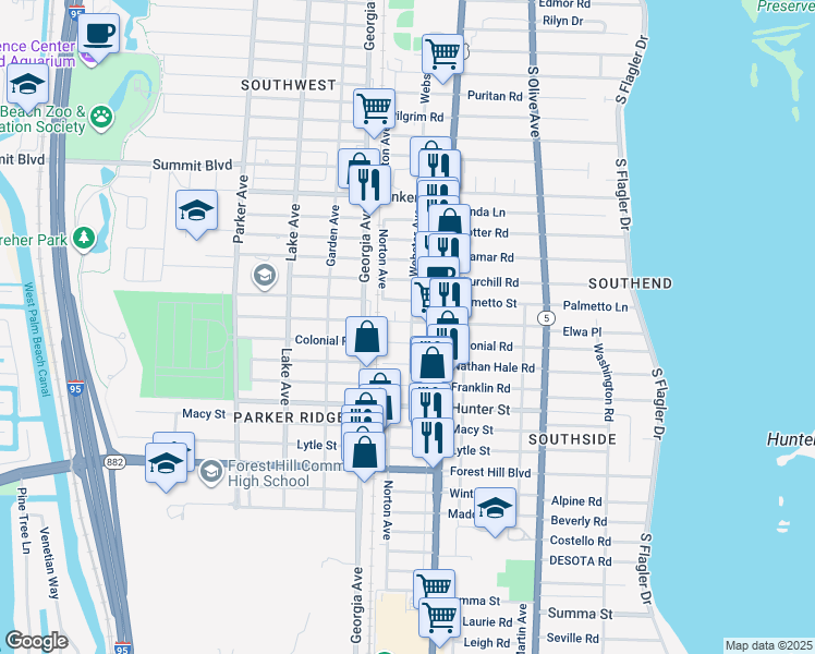 map of restaurants, bars, coffee shops, grocery stores, and more near 410 Colonial Road in West Palm Beach