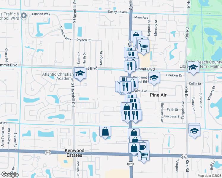 map of restaurants, bars, coffee shops, grocery stores, and more near 1206 Zill Street in West Palm Beach