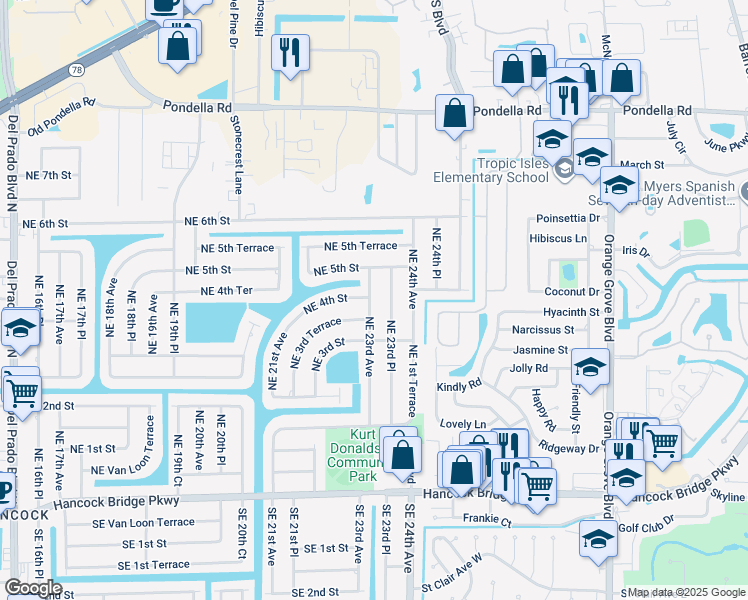 map of restaurants, bars, coffee shops, grocery stores, and more near 313 Northeast 23rd Avenue in Cape Coral