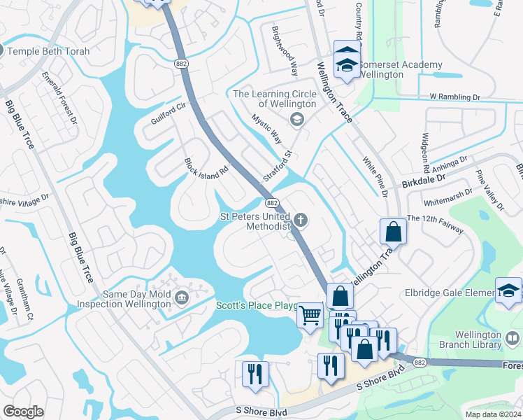 map of restaurants, bars, coffee shops, grocery stores, and more near 12740 Westhampton Circle in Wellington