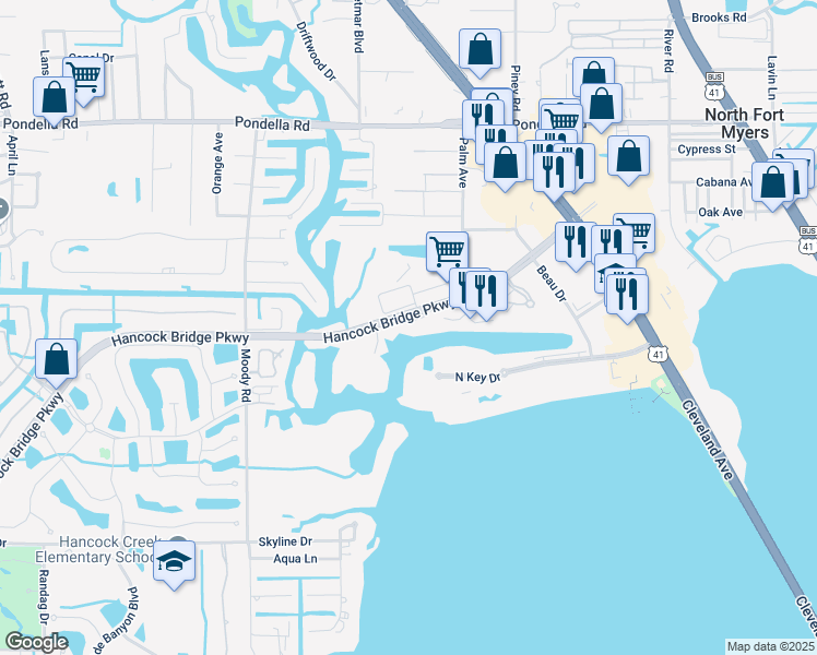 map of restaurants, bars, coffee shops, grocery stores, and more near 3462 Hancock Bridge Parkway in North Fort Myers