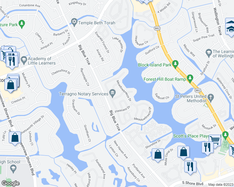 map of restaurants, bars, coffee shops, grocery stores, and more near 1471 Hideaway Bend in Wellington