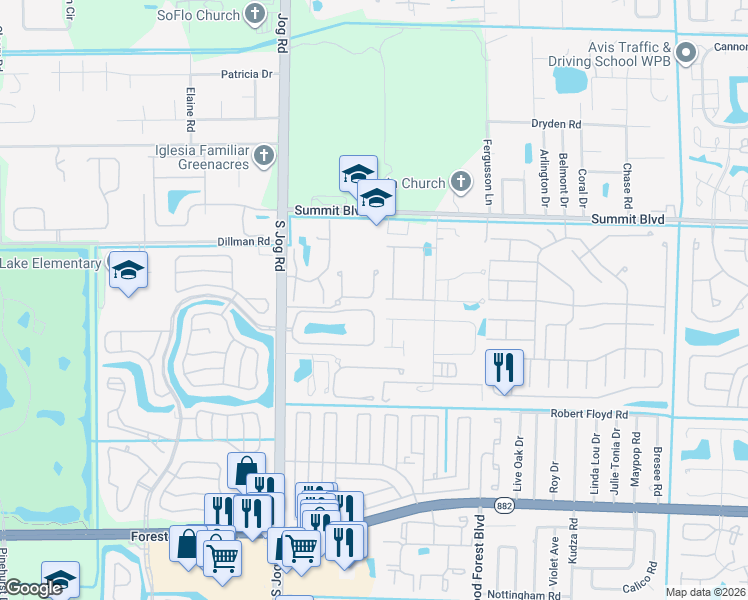 map of restaurants, bars, coffee shops, grocery stores, and more near 2201 Maplewood Drive in Greenacres