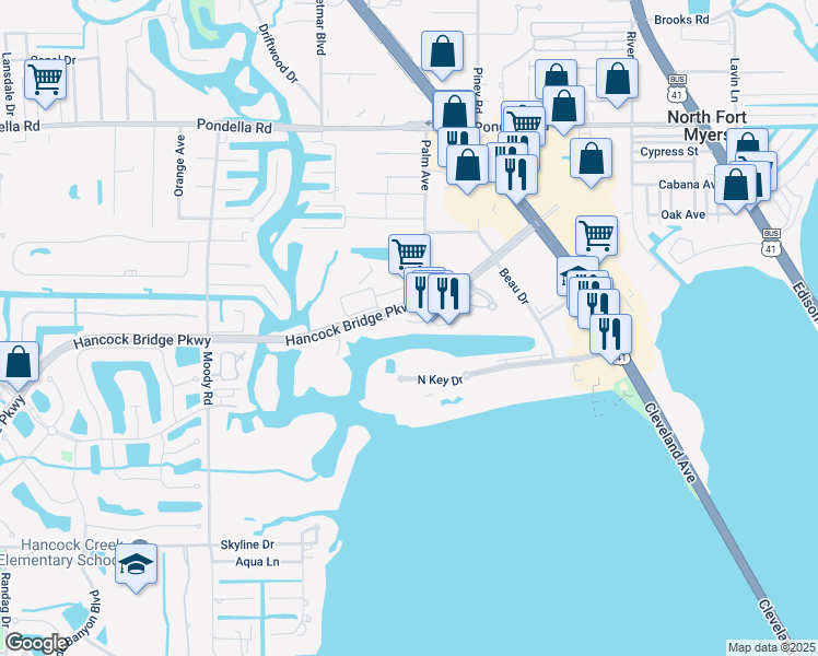 map of restaurants, bars, coffee shops, grocery stores, and more near 3458 Hancock Bridge Parkway in North Fort Myers