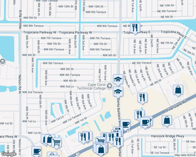 map of restaurants, bars, coffee shops, grocery stores, and more near 332 Northwest 1st Place in Cape Coral