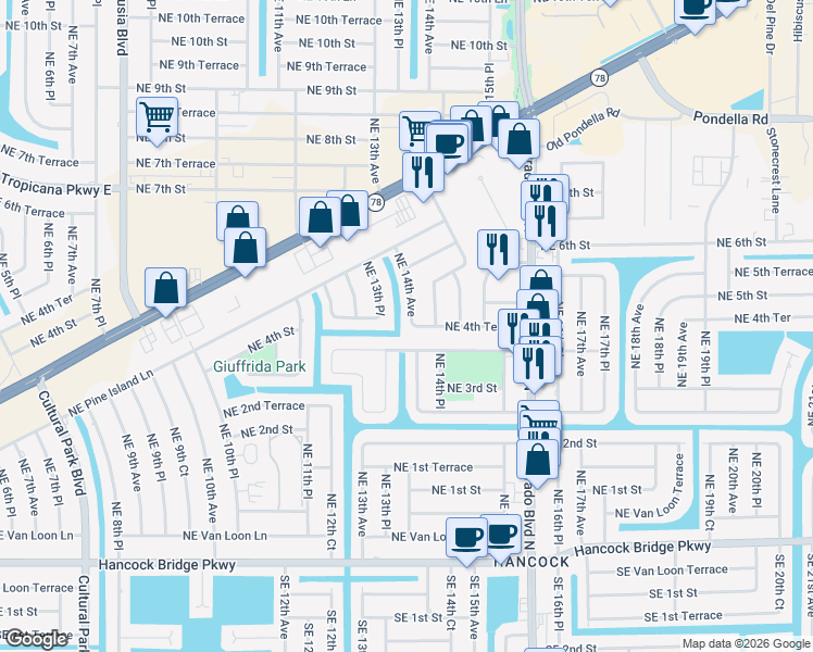 map of restaurants, bars, coffee shops, grocery stores, and more near 402 Northeast 14th Avenue in Cape Coral