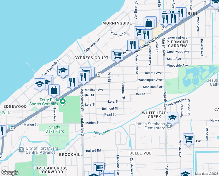 map of restaurants, bars, coffee shops, grocery stores, and more near 3757 Bell Street in Fort Myers