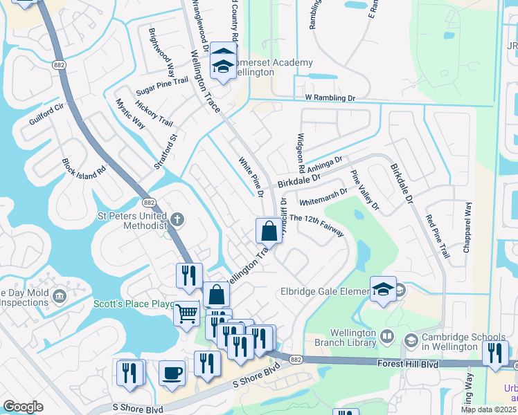 map of restaurants, bars, coffee shops, grocery stores, and more near 1437 White Pine Drive in Wellington