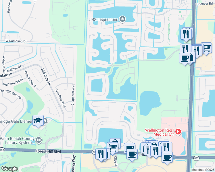 map of restaurants, bars, coffee shops, grocery stores, and more near 1381 Beacon Circle in Wellington