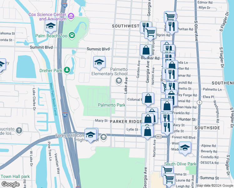 map of restaurants, bars, coffee shops, grocery stores, and more near 810 Palmetto Street in West Palm Beach