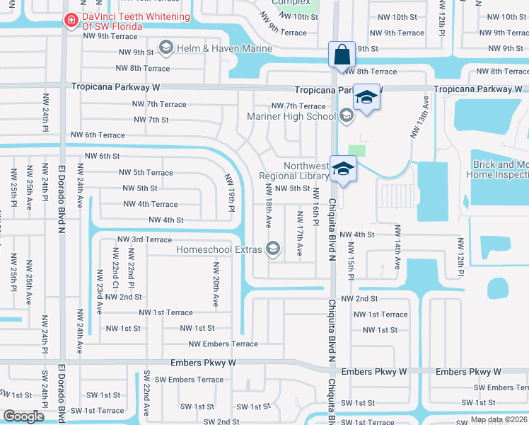 map of restaurants, bars, coffee shops, grocery stores, and more near 452 Northwest 18th Avenue in Cape Coral
