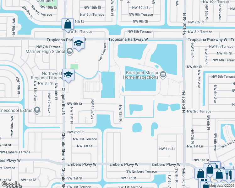 map of restaurants, bars, coffee shops, grocery stores, and more near 1305 Northwest 4th Street in Cape Coral